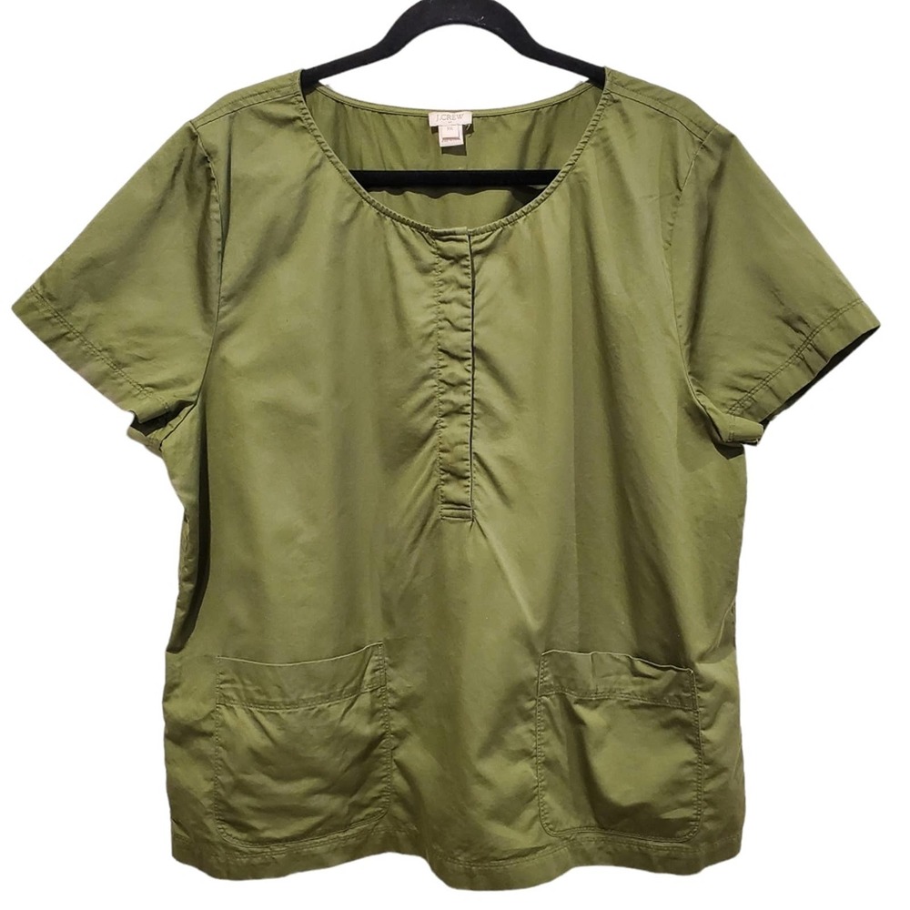J Crew Womens Placket Short Sleeve Olive Green Blouse Plus Size XXL 100% Cotton